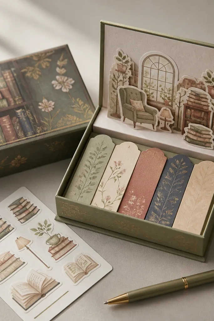 A small book-themed box with a pop-up card inside, featuring layered paper tabs shaped like bookmarks, plus a mini pen and sticker sheet laid on top.