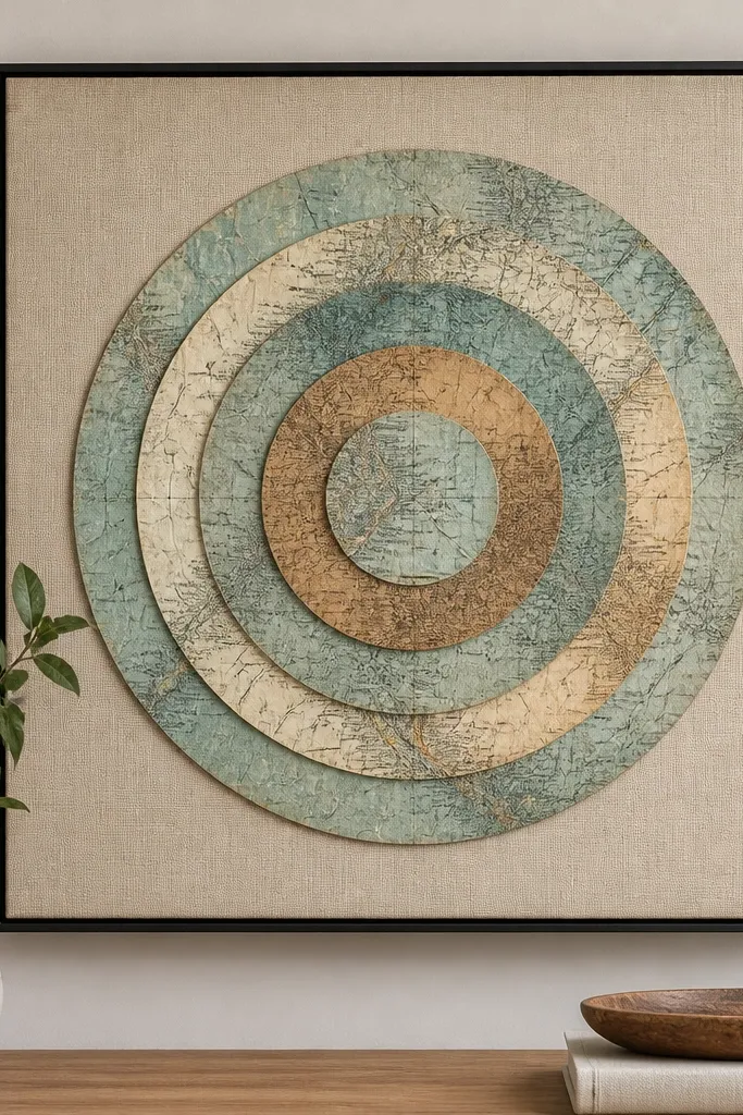 A square wall piece showing concentric circles made from map-print paper in muted teal, cream, and faded brown. The circles sit on a beige linen-textured background, with a thin black border around the edges.