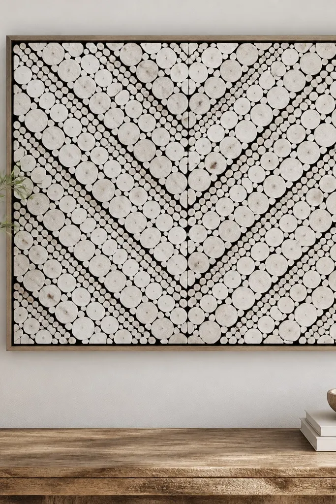 A rectangular wall art piece with small round wood slices arranged in a chevron pattern. The wood is whitewashed, and the grooves between slices have a dark black wash, giving crisp contrast.