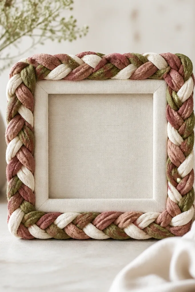 A small square frame with a braided fabric rope wrapped around the outside edge. The braid is made from scraps in dusty rose, olive, and cream, with a simple inner border of solid cream fabric.