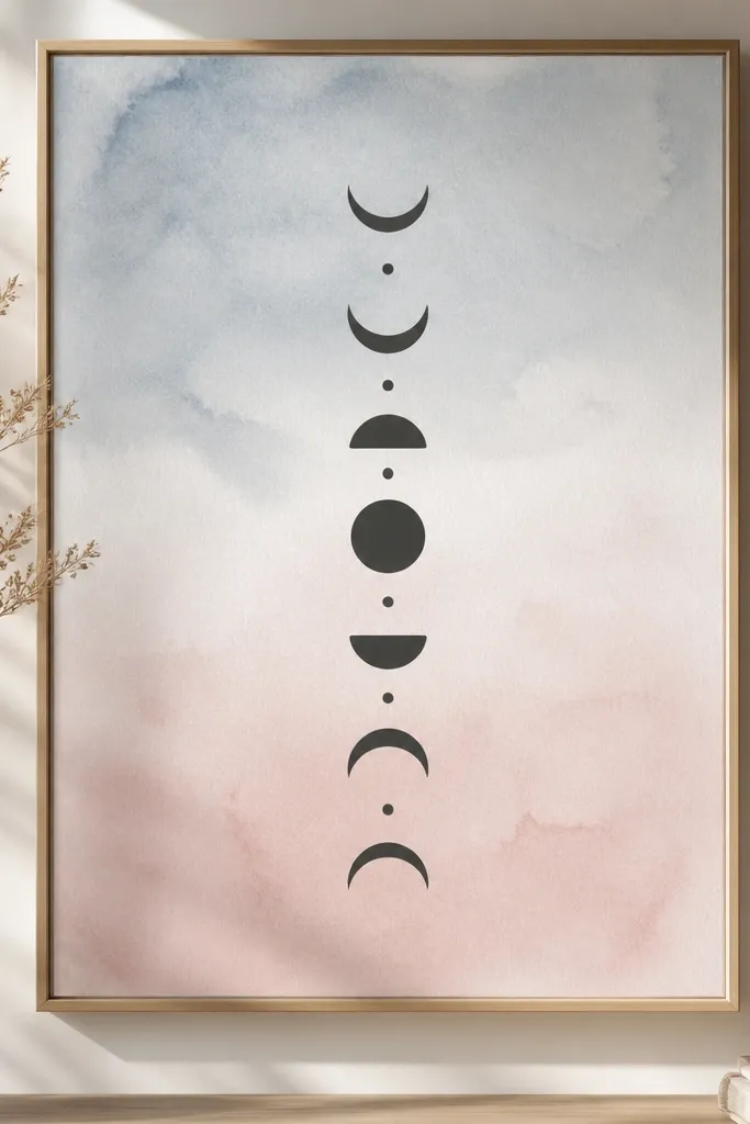 A portrait wall art piece with a soft watercolor wash gradient in pale blue to blush. Over it are cut vinyl words in dark charcoal, arranged in a neat centered stack with small dots.