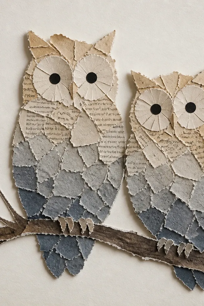 A square collage showing two owl silhouettes built from torn book pages. The pages fade from warm tan to gray-blue, and the owl eyes are small circles cut from black paper.