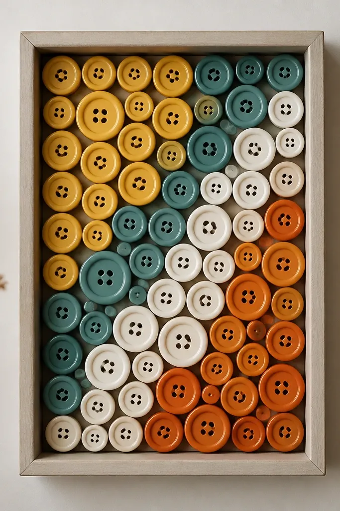 A small rectangular shadowbox filled with colorful buttons arranged in a grid. Colors include mustard yellow, teal, white, and muted orange, with a clear diagonal pattern running through.