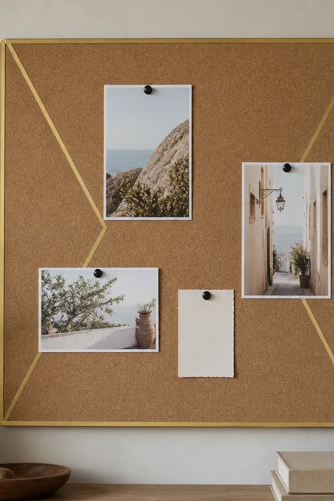A cork board panel with a clean geometric frame made from thin brass tape. Inside are three pinned photos and one small card using black thumbtacks.