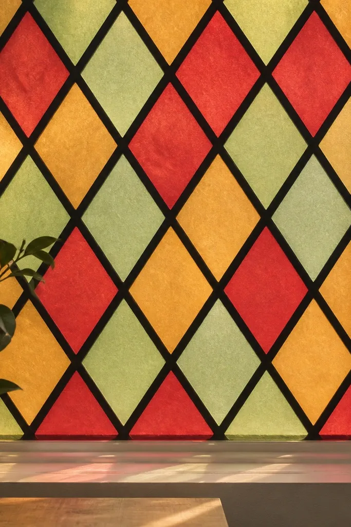 A window-style wall panel with a diamond pattern. The cells are filled with translucent tissue paper in red, amber, and pale green, separated by black lines made from vinyl or tape.