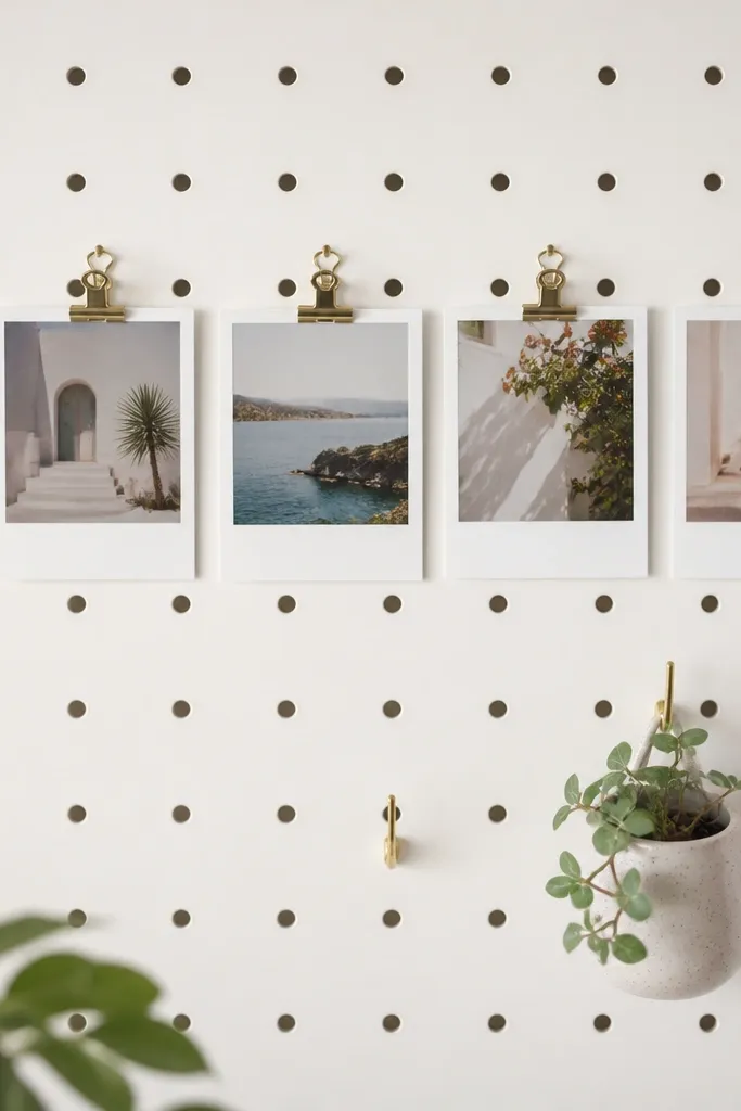 A white painted pegboard panel with evenly spaced holes. Small clips hold polaroid-style photos in a neat row, and a few tiny hooks hold a mini plant pot.