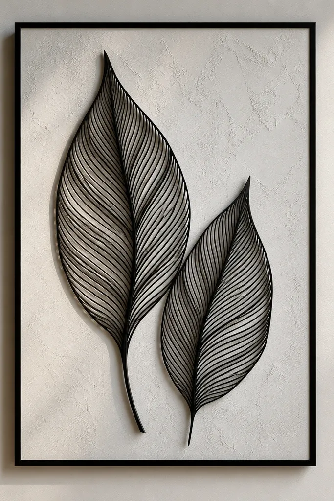 A portrait wall art piece with two leaf silhouettes made from layered thin black paper strips. The background is textured off-white, and the leaves have a delicate vein pattern.