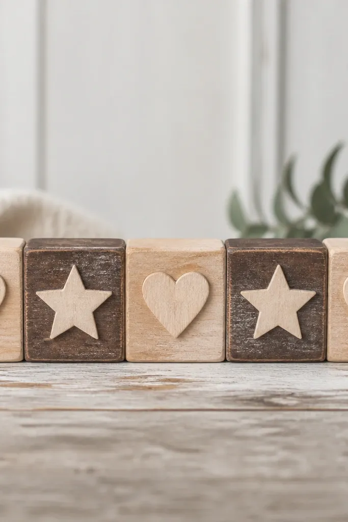 A horizontal banner made of small wood blocks spelling a short word. Some blocks have light carved letters, and others show a darker stained background with pale waxy highlights.