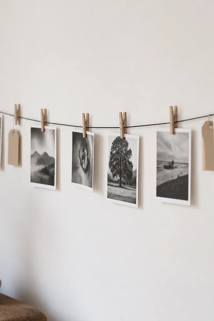 A long narrow wall display with a black twine line and several small clothespins holding monochrome photos. There's a white wall background and a few small paper tags clipped near the photos.