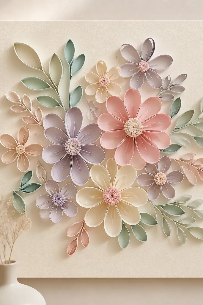 A square wall art panel with raised loops made from rolled paper strips. The loops form a flower cluster in soft pastel colors, with a matte cream background.