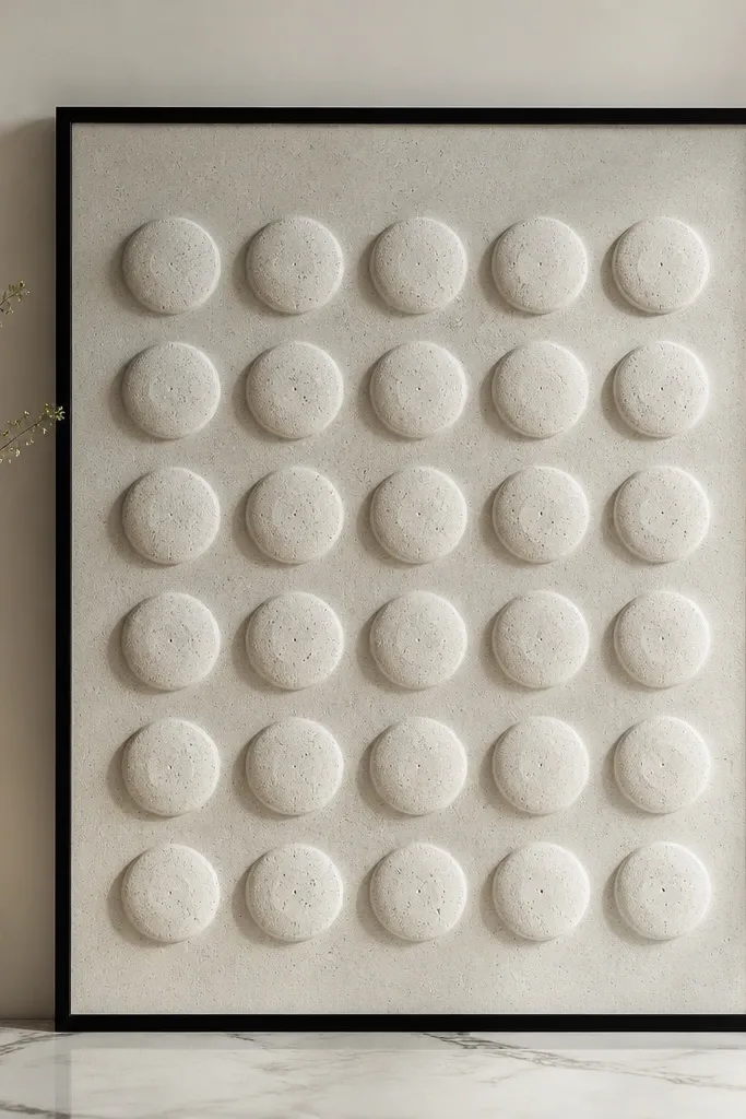 A framed panel with a grid layout of raised dots. The dots have a concrete-like speckled texture in light gray and off-white, with a thin black frame border.