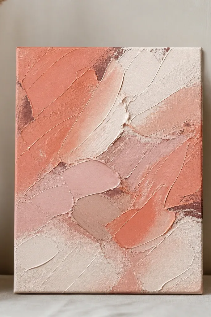 A small rectangular canvas with thick acrylic smears in coral, dusty rose, and off-white. The paint has visible knife ridges, and the background is mostly matte with a few darker streaks.
