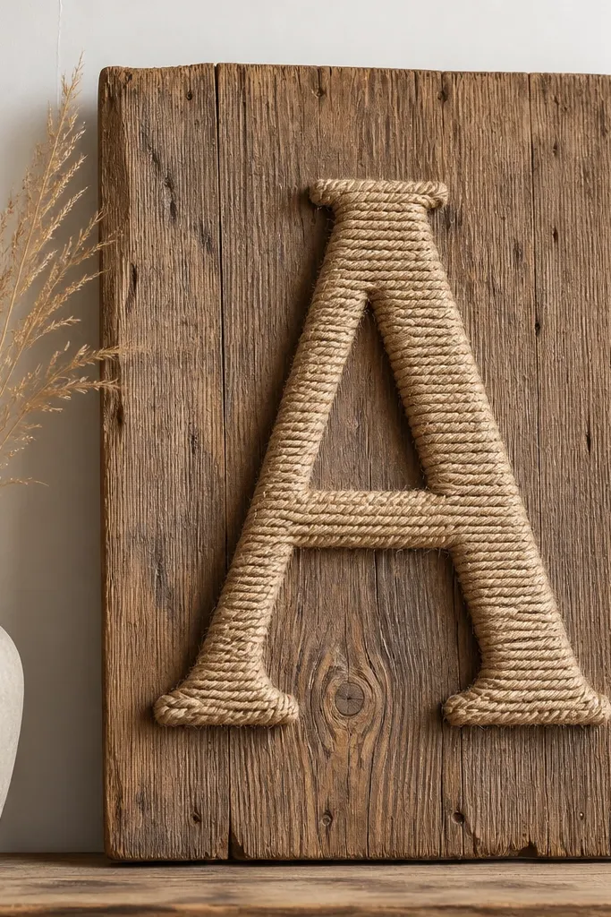 A reclaimed wood plank with a large monogram letter wrapped in natural jute rope. The wood has a worn finish, and the rope letter stands out in textured relief.