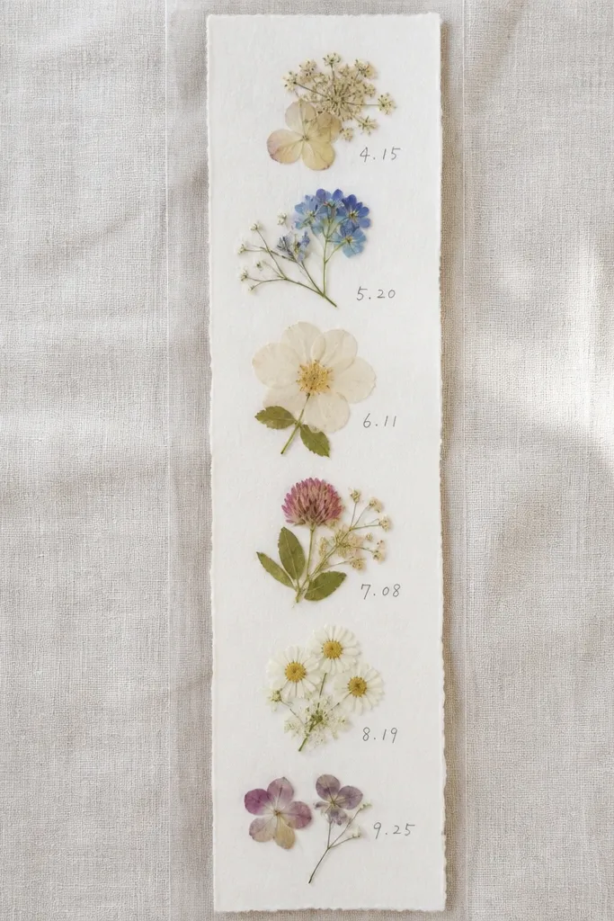 A long vertical strip of watercolor paper with several pressed flowers sealed under clear film. The flowers are arranged like a timeline, with tiny handwritten dates beside each cluster.