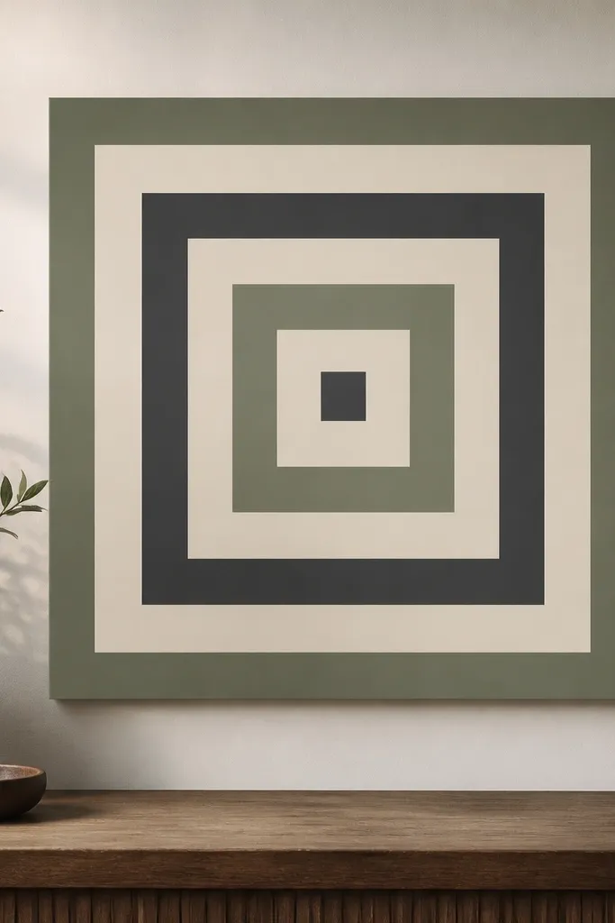 A square wall art panel with concentric squares stenciled in alternating colors: cream, sage, and charcoal. The edges are crisp and the spacing between squares is even.