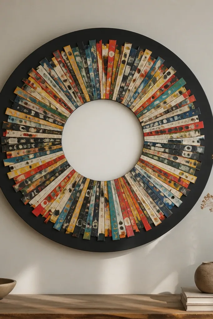 A circular wall art piece made from collage scraps of old record labels. The labels form a tight ring around a blank center, with a black circular backing.