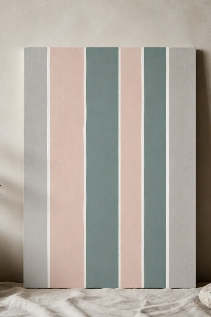 A rectangular wood panel with controlled vertical stripes of acrylic paint. Colors are pale gray, soft blush, and muted teal with thin white lines between, and the surface has a matte finish.