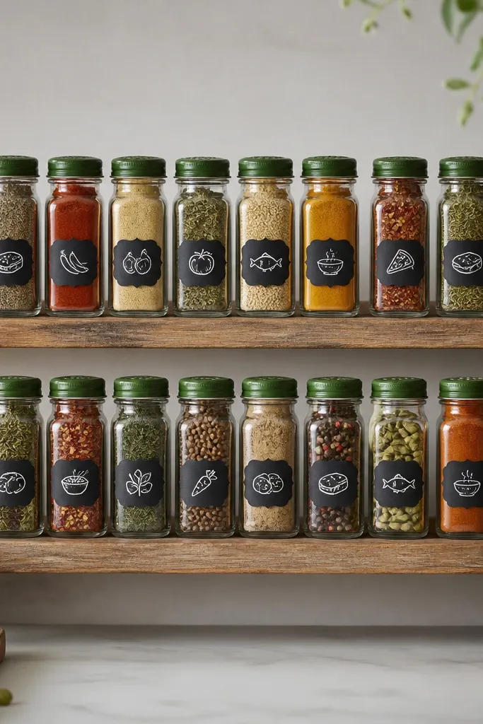 A row of 20 small clear glass jars with green shaker tops, each jar filled with different colored spices. Matte black chalkboard labels sit on front, with white chalk writing and tiny use icons beneath.