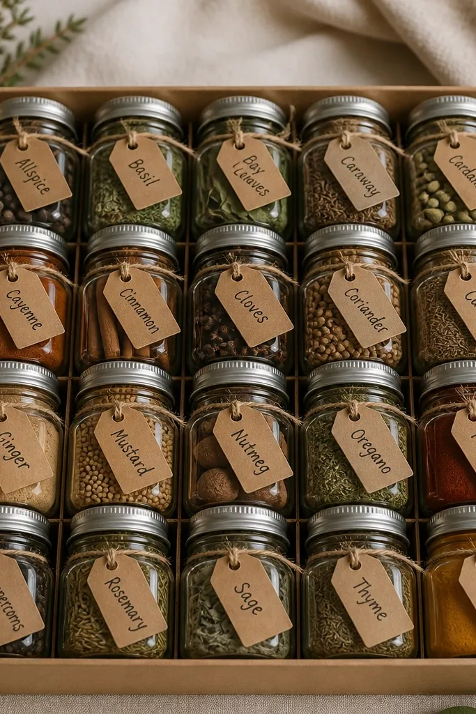 A kraft-brown cardboard tray holding 20 small jars. Each jar has a kraft paper tag tied with thin tan twine, and the tags have hand-lettered spice names in dark ink.