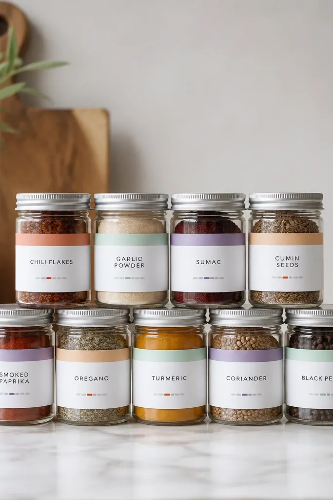 White label strips wrap small jars, and each strip has pastel colored bands like peach, mint, and lavender. The jar lids are uniform, and the front labels include spice names with a small heat level bar.
