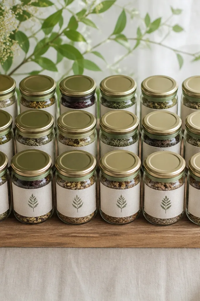 Twenty jars set on a wooden board, each wrapped with a small strip of green ribbon. Linen-texture labels show sage-green ink, and a tiny pressed-leaf icon appears on each label.