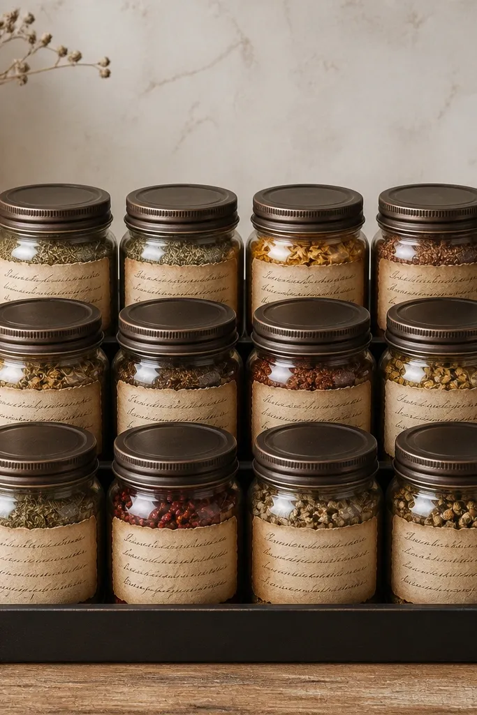 Brownish sepia labels with faux page edges wrap around each jar. The handwriting looks like old recipes, and jars are arranged in a neat grid on a dark tray.