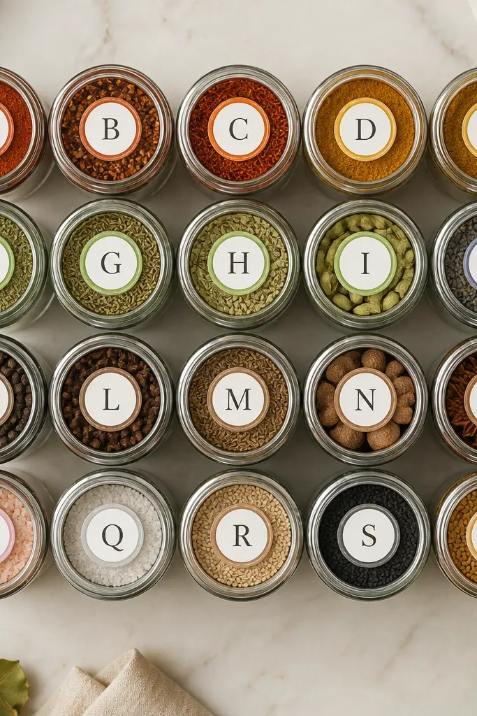 A top-down view of jars arranged in a numbered grid. Each jar has a label with a letter (A-T) and a colored border matching the spice color family.