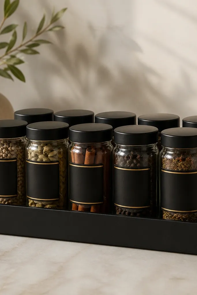 Clear jars with uniform black lids. Each jar has a black label with gold foil lettering and thin gold lines, arranged in a sleek tray.