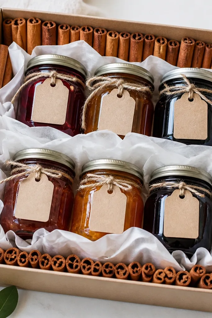A gift box with cinnamon sticks laid around the inside edge. Between layers, white tissue paper separates jars, and each jar has a small label tied with string.