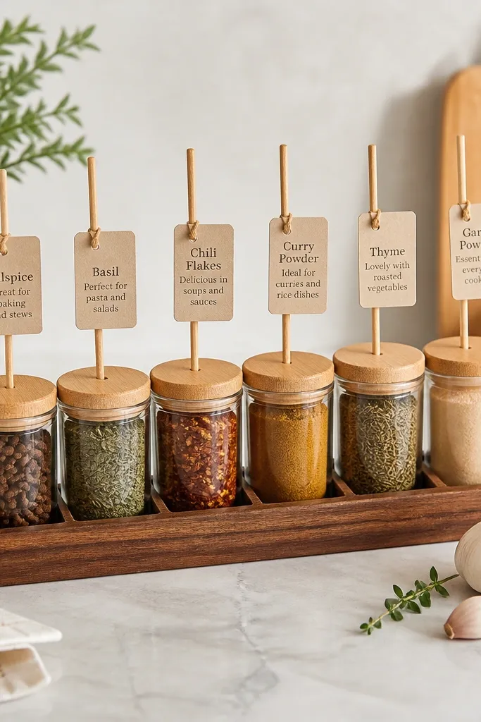 Each jar has a bamboo skewer inserted into the jar lid area with a small tag attached. The tags are printed with spice names and a use suggestion, and jars are set upright in a wooden organizer.