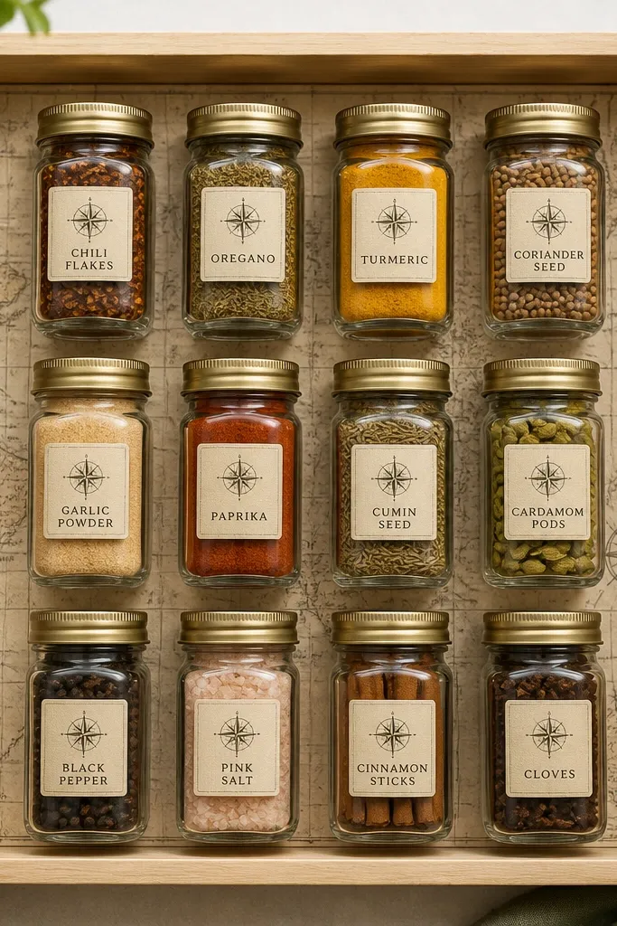 A light wood tray with a printed map pattern underneath. Labels show a small compass rose icon and spice names in a simple typeface. Jars are arranged in a clean grid.