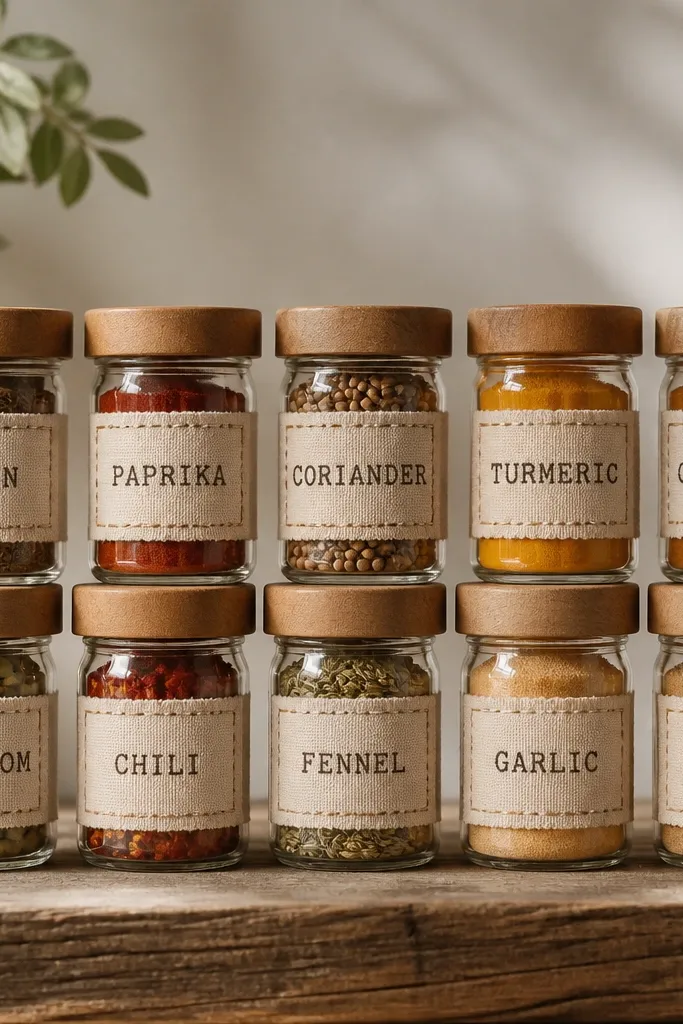 Tiny fabric squares wrap around each jar label area. The fabric looks like cotton with stitched edges, and each square has stamped spice names in dark ink.