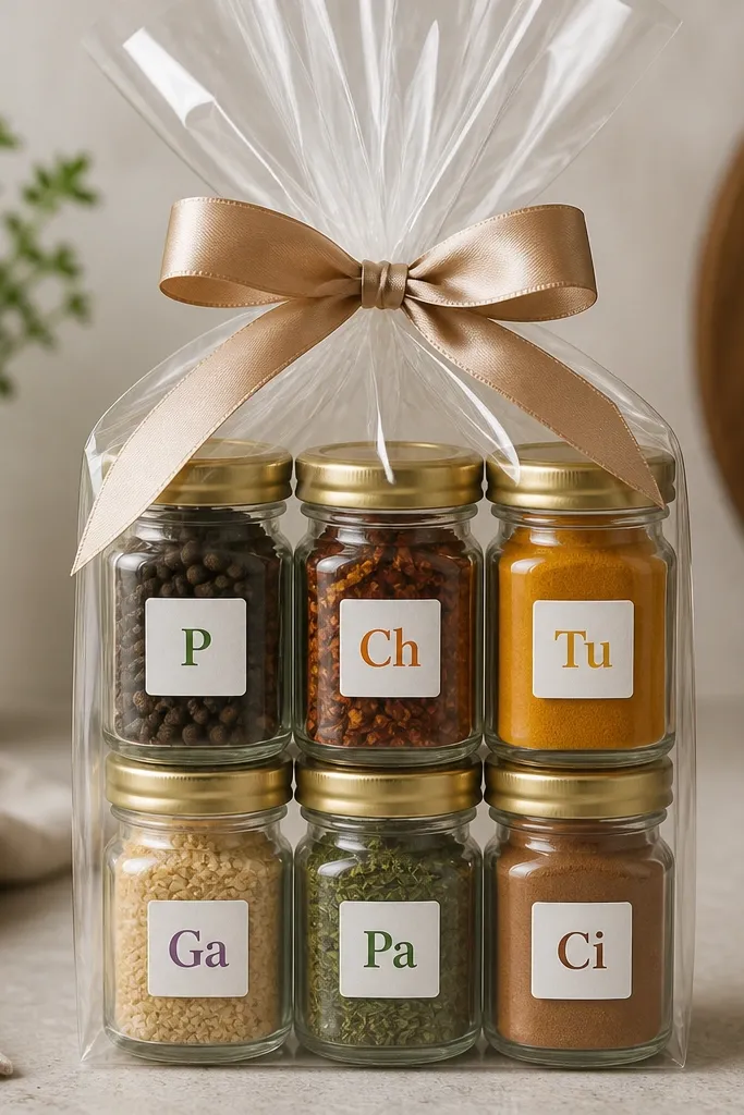 A clear cellophane sleeve holds a set of jars arranged in two rows. A satin ribbon ties the sleeve top, and each jar has a small white label with colored spice initials.