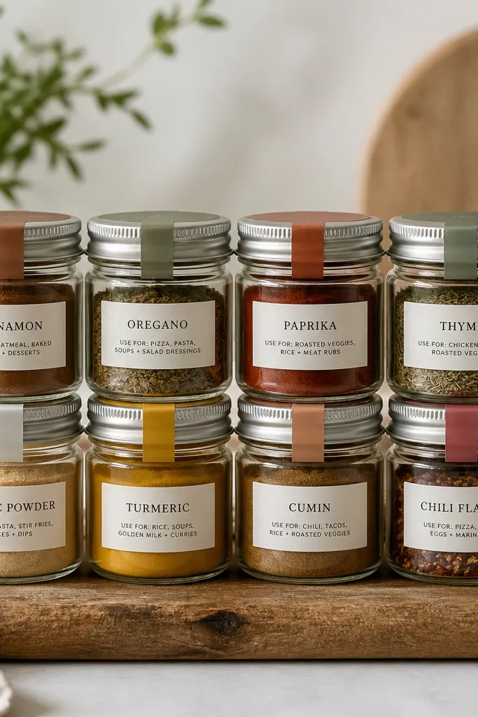 Small canning jars with different colored bands on the lids. Each jar has a printed label strip with a spice name and a "use for" line, and jars sit on a wooden board.