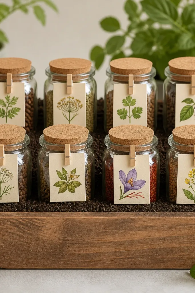 A wooden box with faux soil texture. Each jar has a seed packet clipped to the front, and the seed packet shows a small illustration and spice name.