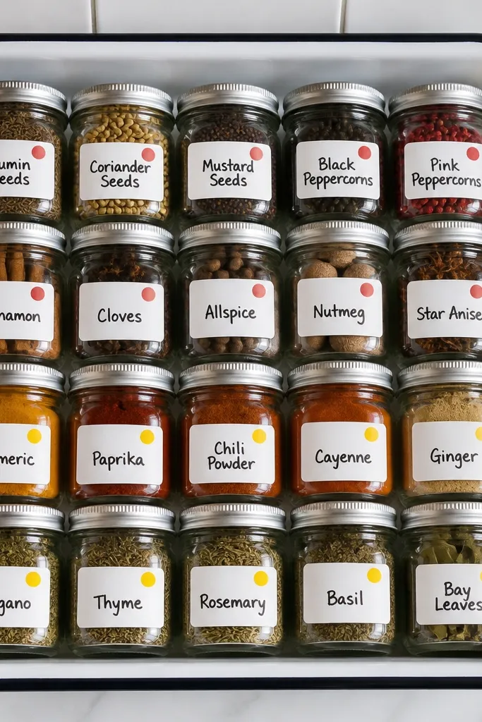 A white enamel tray holds 20 jars. Labels are white with tiny red and yellow dot markers, and spice names are written in black marker. The tray edges look clean and glossy.