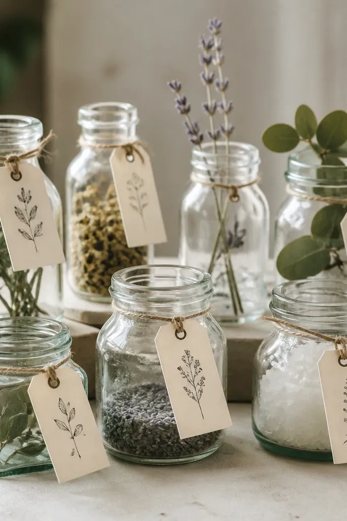 Assorted small recycled glass jars with similar shapes, each tied with a hand-punched paper tag. Tags have simple black handwriting and a small hole at the top.