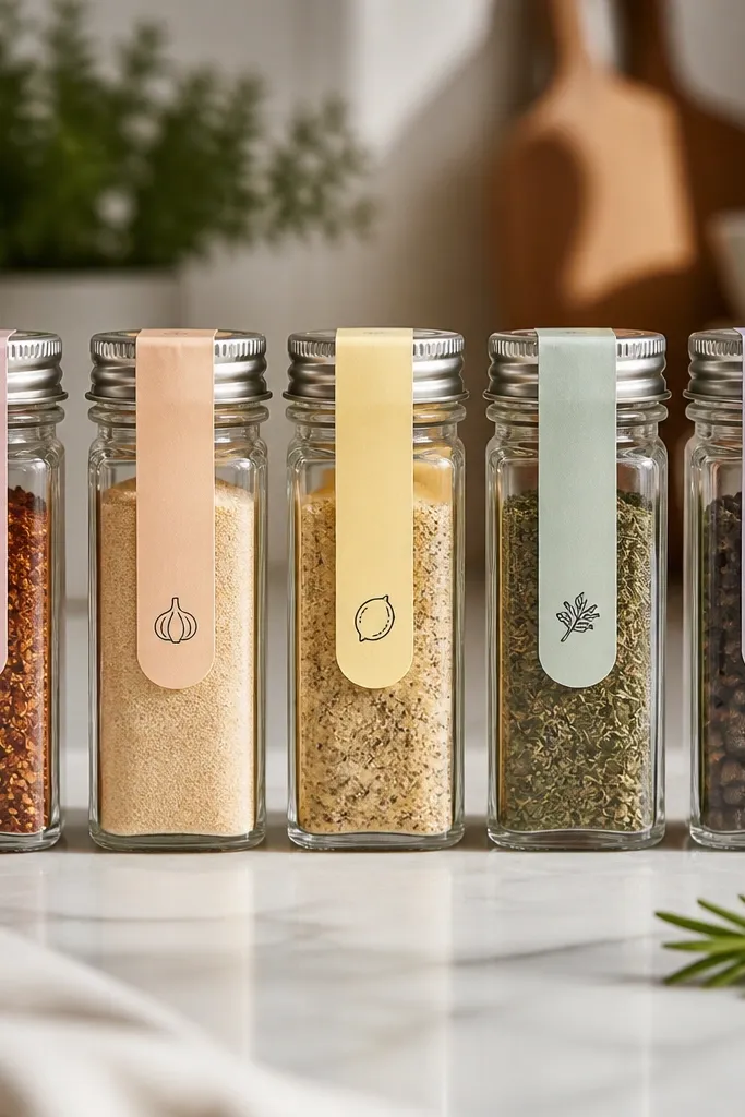 Clear shaker bottles with pastel macaron-colored label strips. Each strip has a spice name in dark ink and a tiny icon like a pepper or lemon.