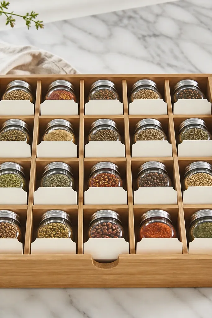 A small drawer organizer laid flat. Dividers separate 20 jars, and each jar has a folder-style card label that slides into a pocket on the front.