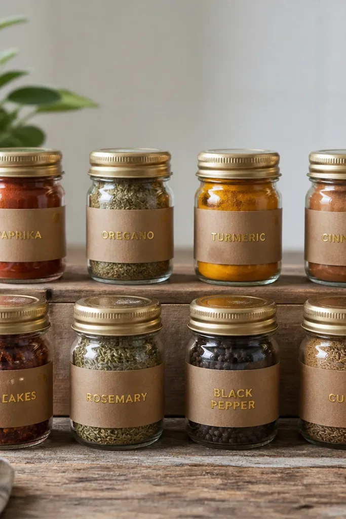 Each jar is wrapped with a strip of brown paper around the middle. Gold foil sticker letters read the spice name, and the wrap is secured with a small dot of clear tape.