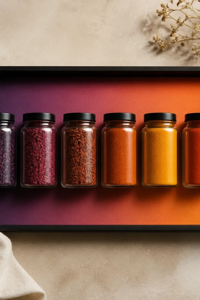 A black tray lined with an ombre gradient backing from deep purple to orange. Jars sit on top, each label aligned at the same height, and spice colors match the ombre tones.