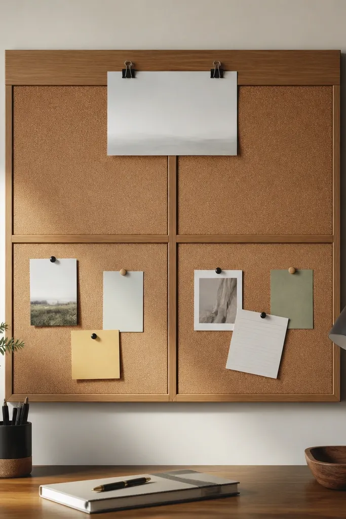 A 2x2 grid cork pinboard mounted behind a desk, with a slim header strip above it that holds a sheet of paper clipped in place; small pushpins hold notes along the lower half.