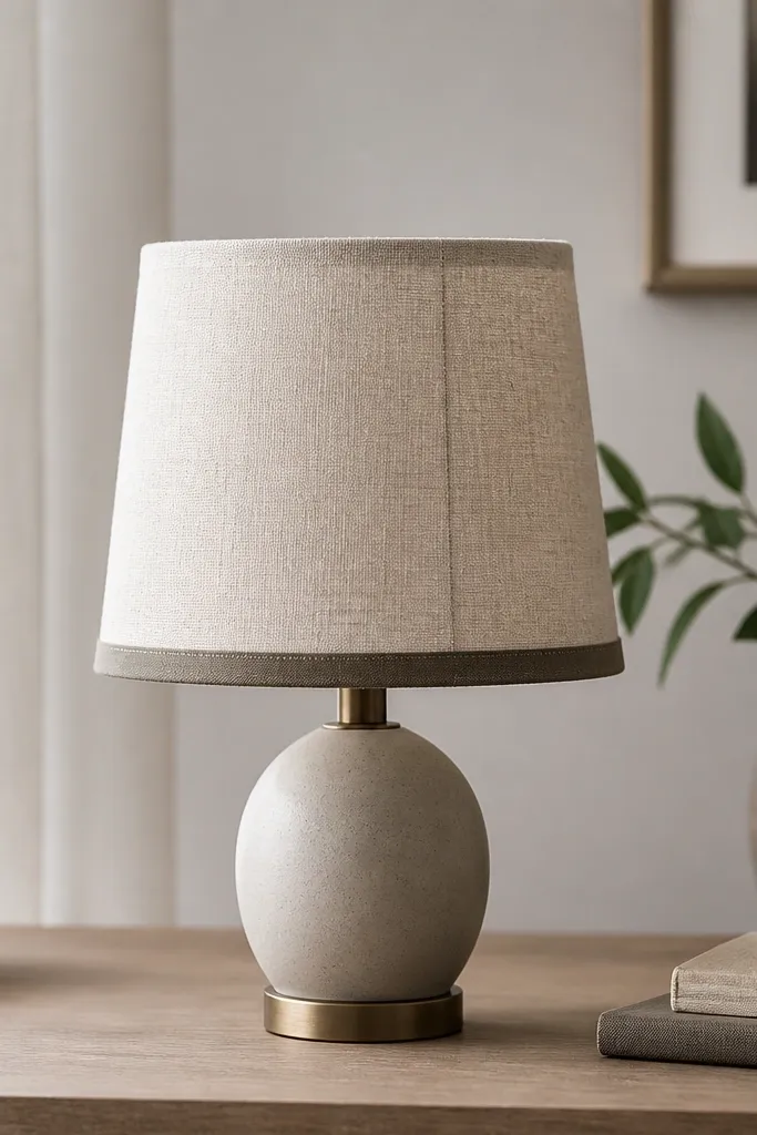 A small desk lamp with a shade wrapped in light beige linen-texture vinyl, with a neat seam at the back and a slightly darker band near the bottom edge.