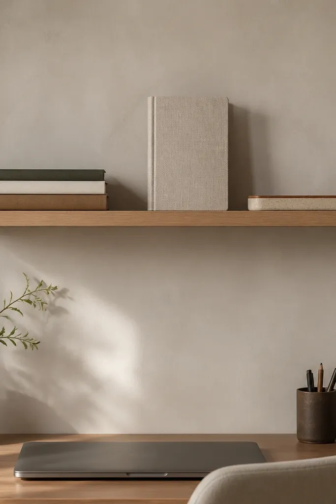 A narrow floating shelf above a desk holding three stacked books, one notebook standing upright, and a small tray; everything is aligned to the shelf's front edge.
