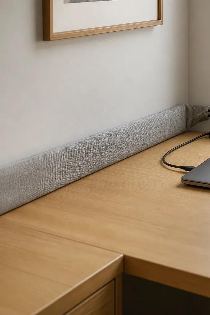 A desk back corner with a white cable raceway mounted along the wall, then covered by a long fabric sleeve; cables disappear into the sleeve and exit near power.