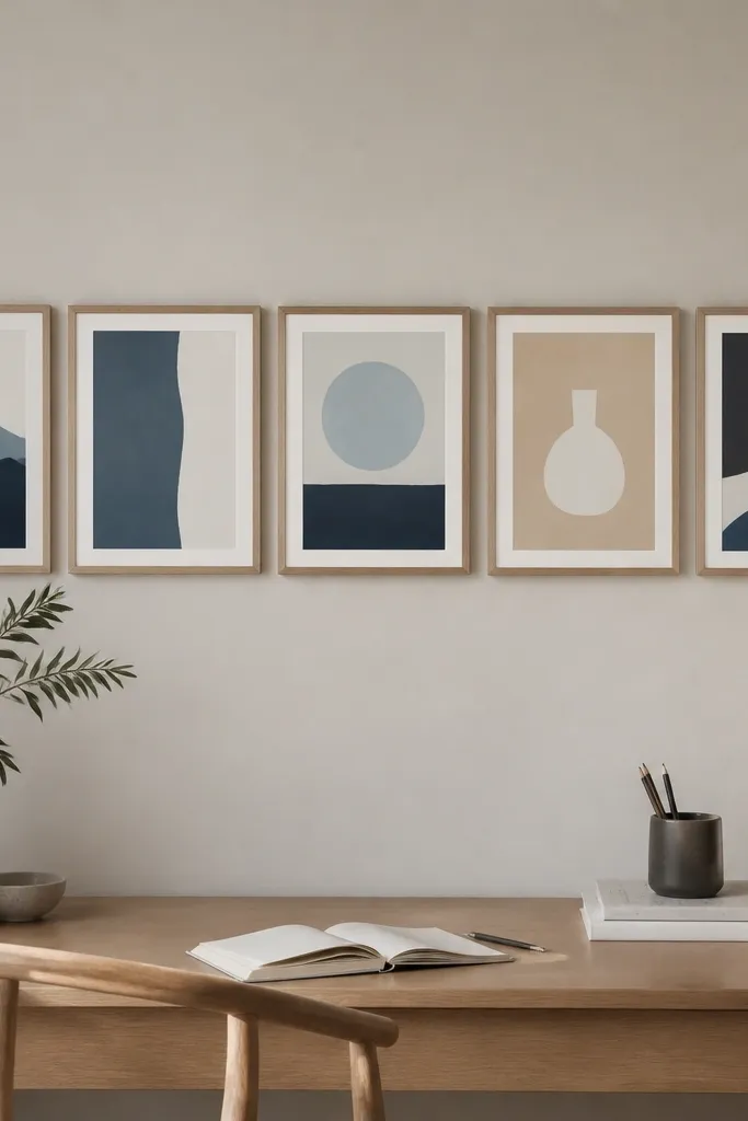 A horizontal row of 5 small frames above a desk, each holding minimalist prints with a limited palette: three muted blues, one warm beige, one charcoal.