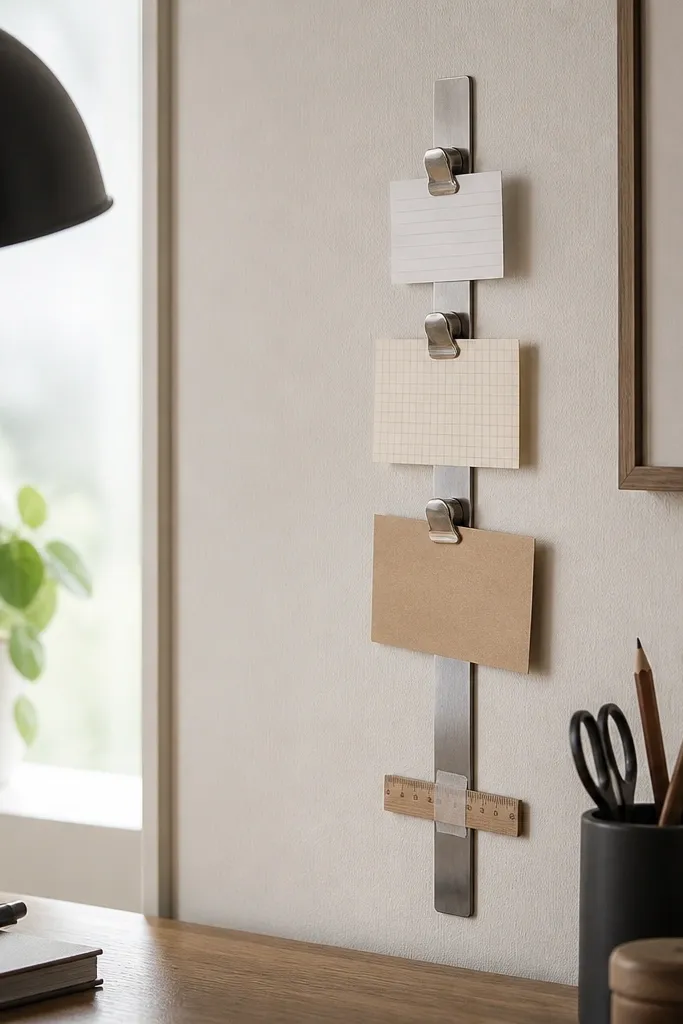 A vertical metal strip mounted beside the desk with small magnetic clips holding note cards; a tiny ruler is taped under the strip.