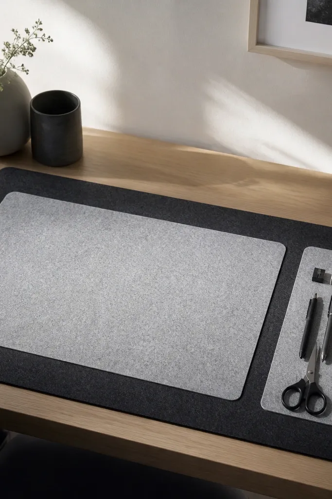 A large charcoal felt desk mat with a lighter felt rectangle on the left for writing and a separate lighter strip on the right for tools, like pens and scissors.