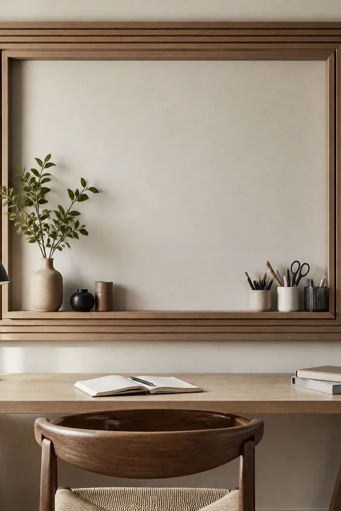 A rectangular wall frame made of thin wood slats around the desk area, with an empty center wall and a small shelf inside the frame holding supplies.