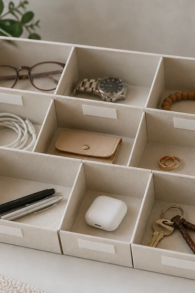 A set of small drawer compartments made from thick cardboard lined with matte contact paper, with a label on each compartment and clear separation between sections.